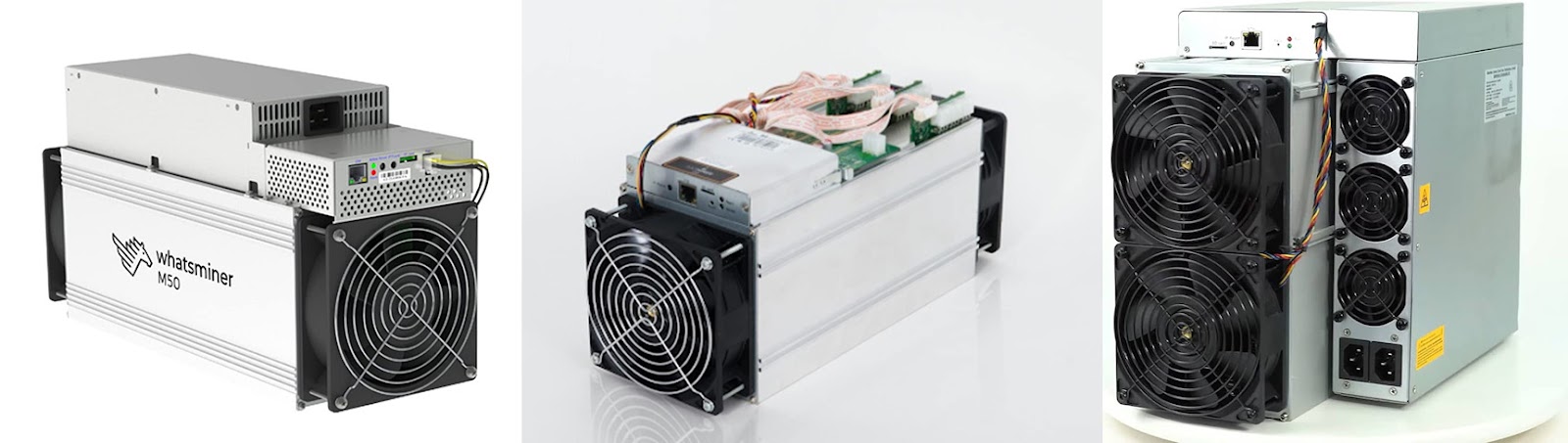 Comparison of Antminer S9, WhatsMiner M50 and Antminer S19 mining hardware